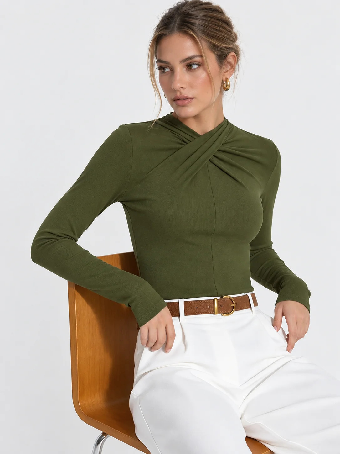Twisted Front Detail Long Sleeve Knit Top | Commense