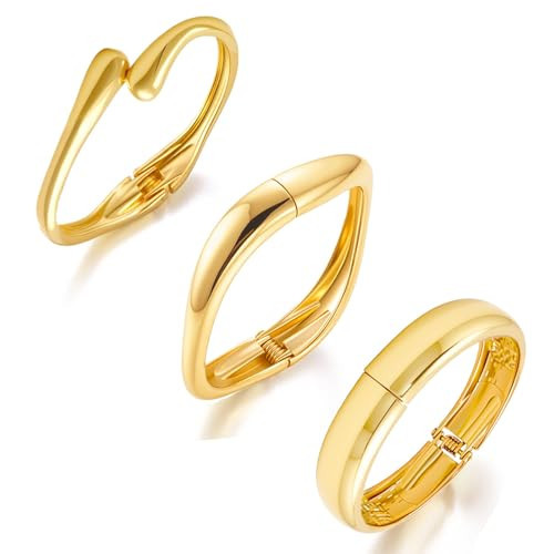 Chunky Gold Cuff Bangles for Women Wide Hinged Bangle Bracelets Statement Thick Cuff Bracelet Stack Chunky 14K Gold Plated Bangle Set | Amazon (US)