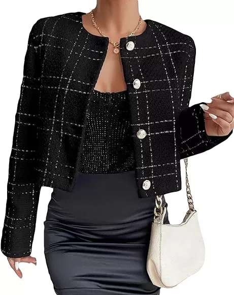 GOELIA Tweed Jacket for Women Work Business Casual, Black Knit Blazer  Cropped at  Women's Clothing store