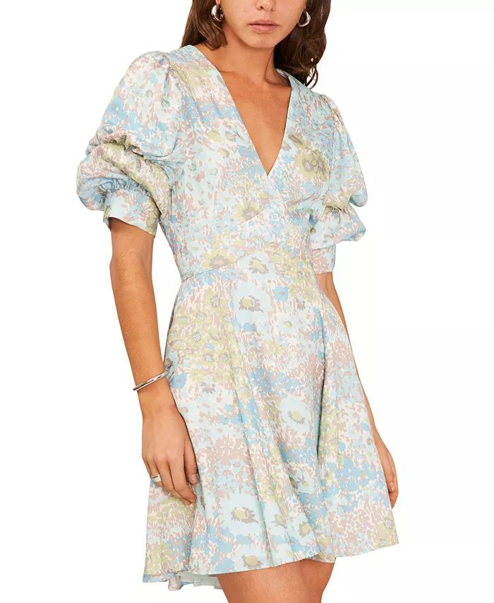 1.STATE Women's Floral V-Neck Tiered Bubble Puff Sleeve Mini Dress - Macy's | Macy's