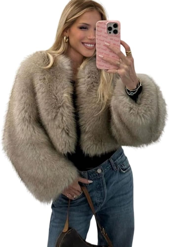 Fluffy Cropped Faux Fur Coat Women 2024 Winter Long Sleeve Pockets Fur Jacket | Amazon (US)