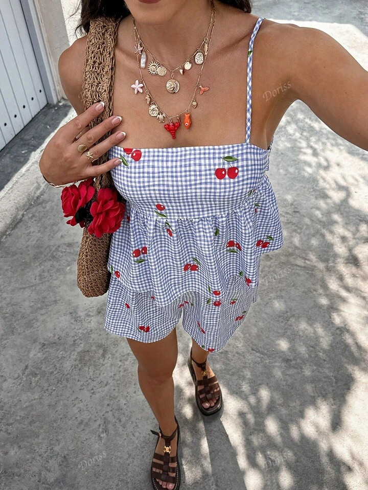 2pcs/Set Women Plaid Cherry Print Ruched Camisole And Shorts | SHEIN