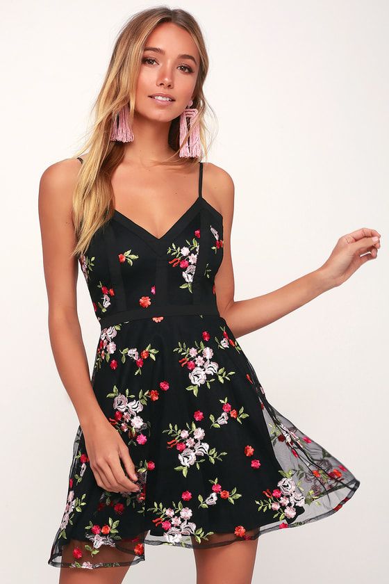 Favorite Fleur Black Mesh Floral Embroidered Skater Dress | Lulus (US)