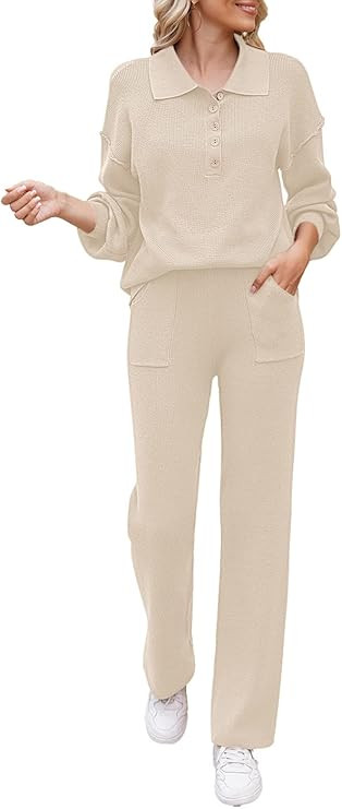 Meenew Women's 2 Piece Sweatsuit Sweater Outfits Collared V Neck Knitted Pullover Tops Wide Leg P... | Amazon (US)