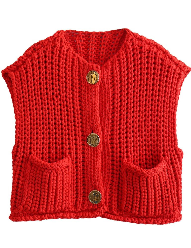 Women's Sleeveless Chunky Knit Top Casual Cropped Button Down Sweater Vest Open Front Cardigan wi... | Amazon (US)