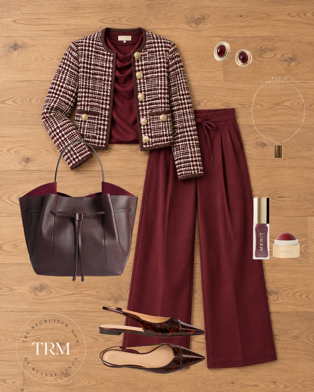 Tweed jacket + burgundy cowl top + wide-leg trousers 🍷 The chicest tonal workwear look! Tortoise slingbacks and a slouchy leather tote make it feel so elevated ✨

Sizing: Jacket | Top | Pants | Shoes 

 #LTKover40 #LTKstyletip #LTKmidsize #LTKworkwear