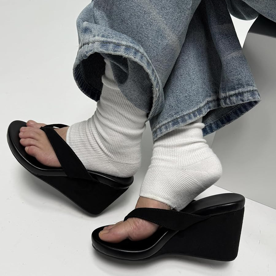 Suede Wedge Flip Flops for Women Open Round Toe Comfort Arch Support Slip On High Heel Thong Sand... | Amazon (US)