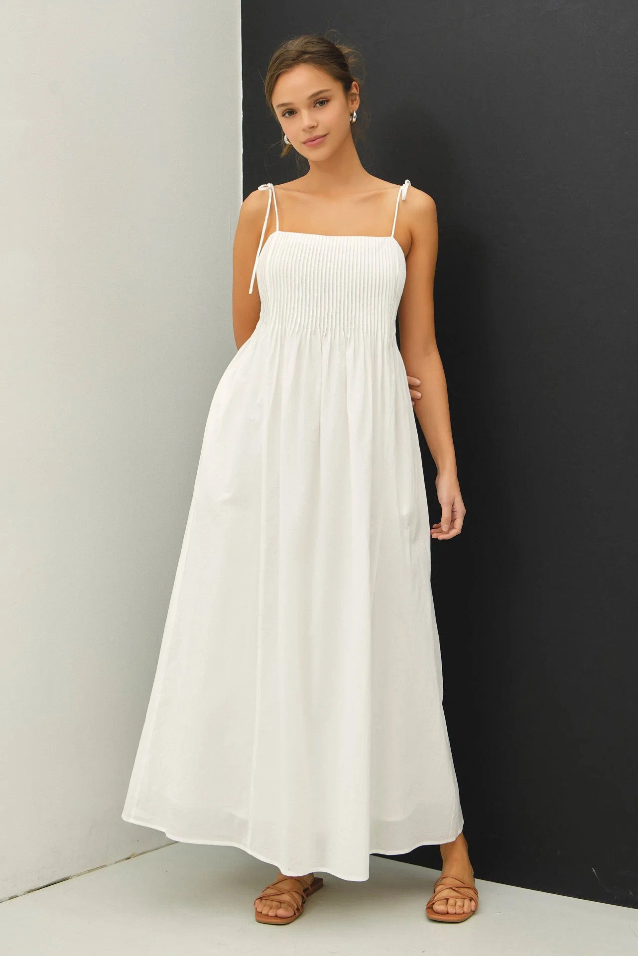 White Cotton Pintuck Tie Strap Maxi Dress | PinkBlush Maternity
