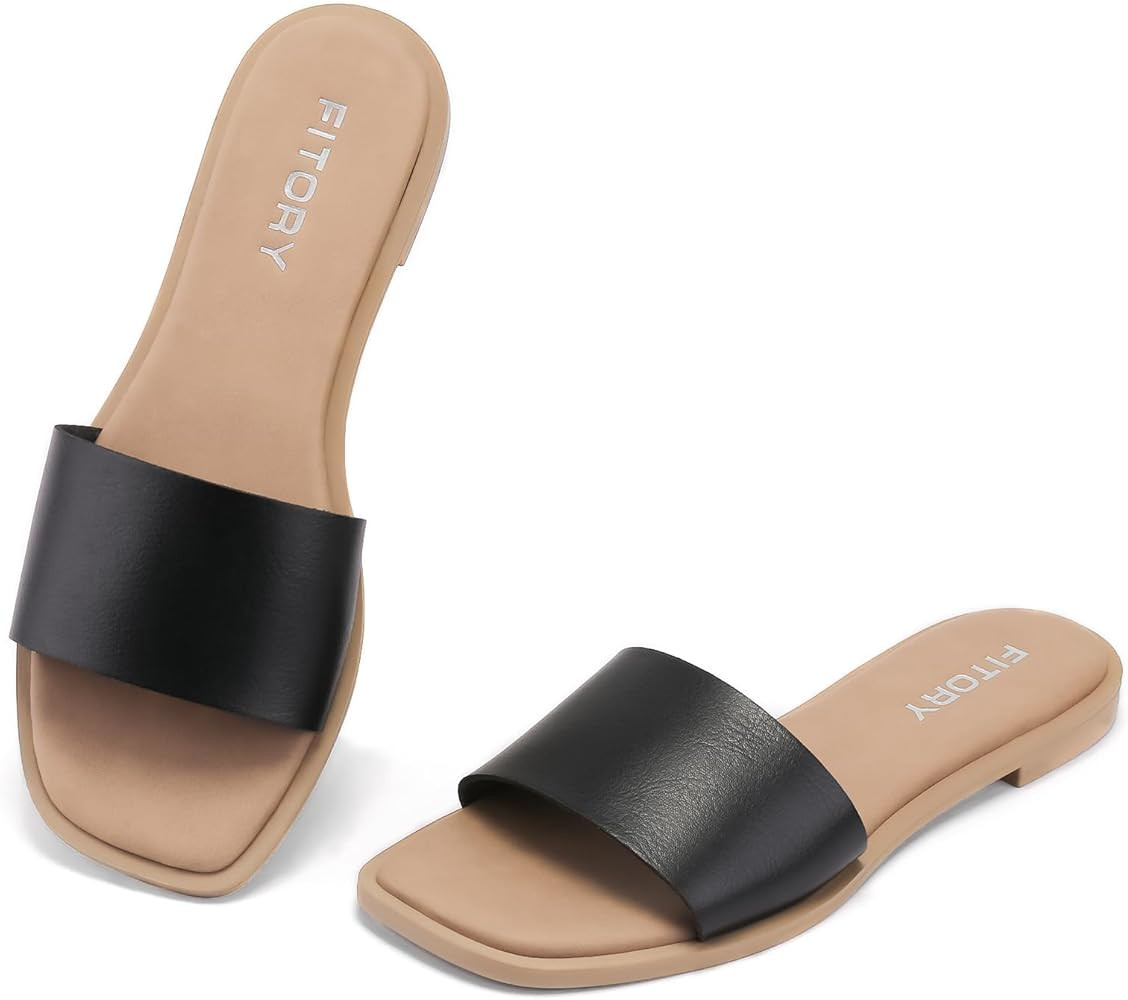 FITORY Women's Slide Sandals Fashion Square Open Toe with Cushioned Footbed Slippers for Beach Si... | Amazon (US)