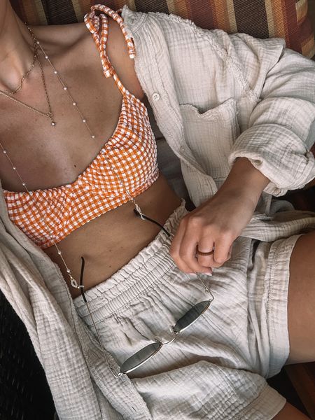 Swimsuit and coverup🌸 wearing a xs orange gingham swimsuit and small button down and shorts 

#LTKswim #LTKSeasonal