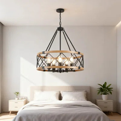 Farmhouse Chandelier 5-Light Drum Pendant Light Fixture With Wood Texture For Dining Room Living Room Bedroom Entryway Foyer | Wayfair North America