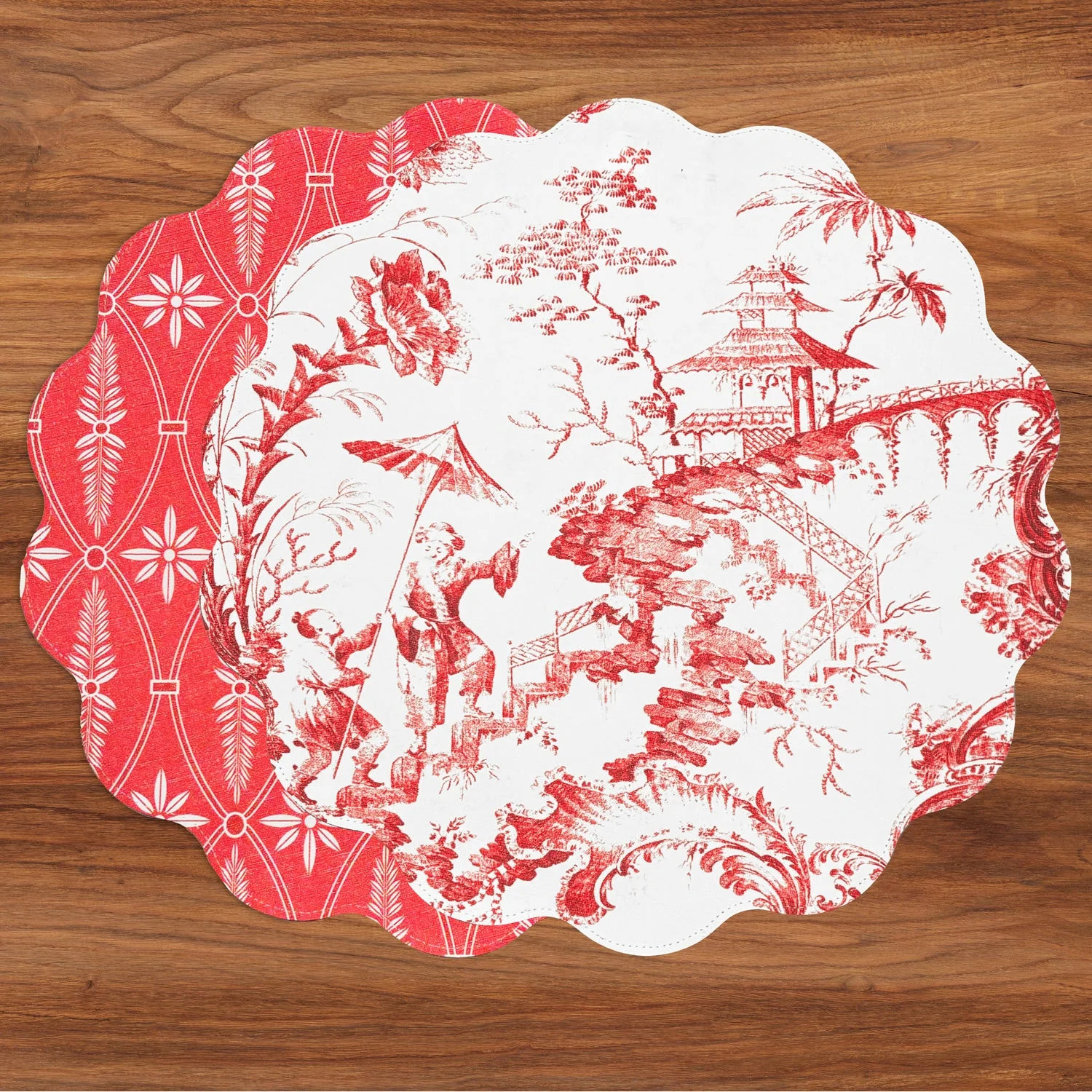 VIDA Chinoiserie and Trellis Reversible Round Placemats Set of 4 Red & White | The Enchanted Home