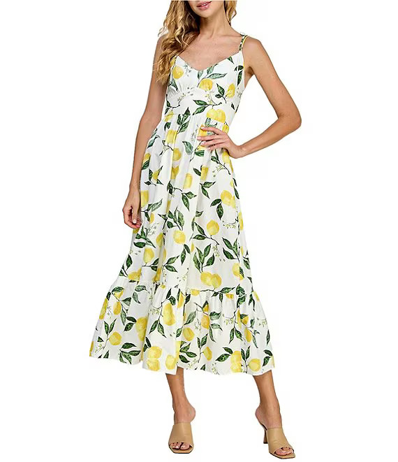 V-Neck Tie Shoulder Lemon Fruit Printed Poplin A-Line Midi Dress | Dillard's