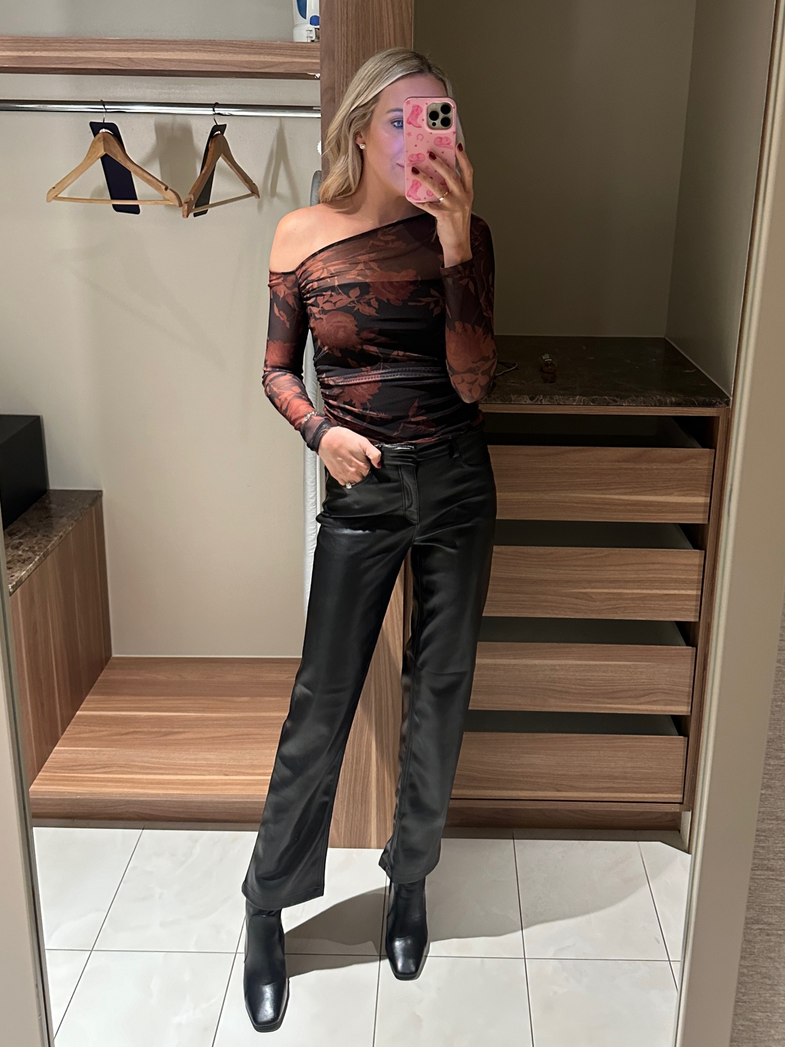 Wearing a small in the top 
The leather pants are stretchy! I am wearing a 00 

Date night
Datenight outfit
Style tip 
Dynamite
Leather pants
Mesh top 
Date 


#LTKFindsUnder100 #LTKSeasonal #LTKStyleTip