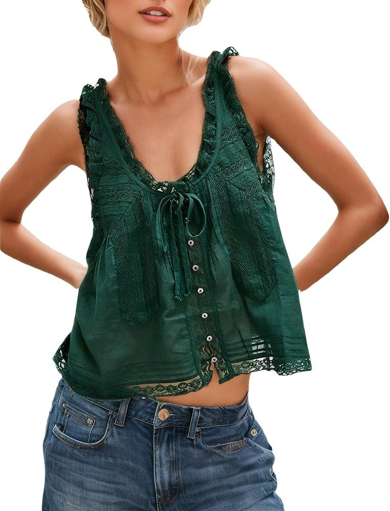 Women Summer Beach Vacation Boho Tie Front Tank Top Lace Y2k Button Down Cardigan Fashion Crop To... | Amazon (US)