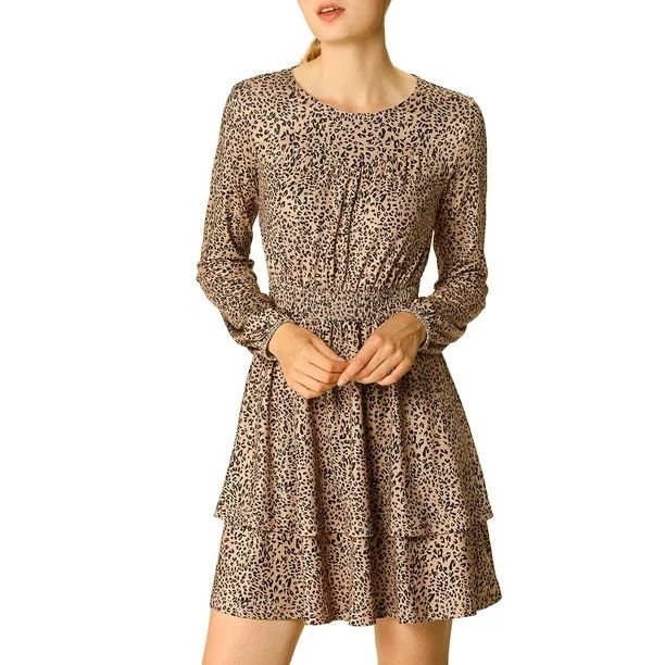 Women's Long Sleeve Layered Ruffle Hem Leopard Print Dress | Walmart (US)