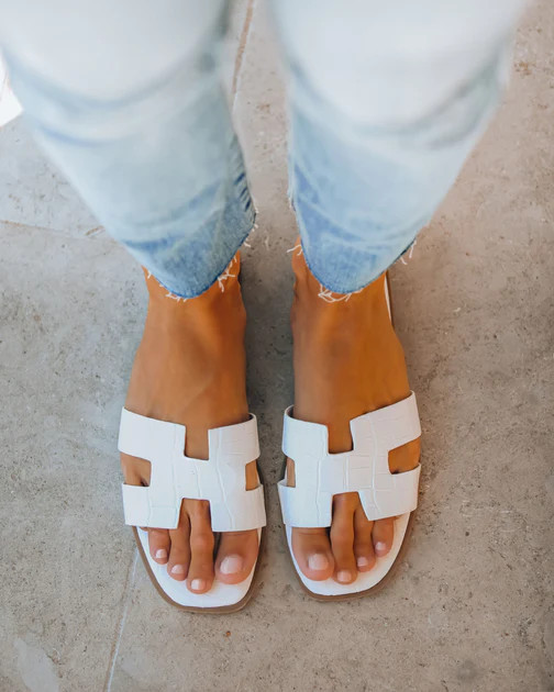 Fausta Croc Embossed Slide Sandal - White | VICI