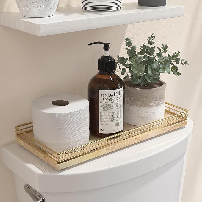 Oak Bathroom Toilet Tank Tray, 13" Wood Back of Toilet Paper Storage Tank Topper Basket, Vanity T... | Amazon (US)