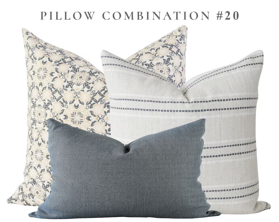 Pillow Combination Set, Floral Pillow Cover, Designer Pillow, Blue Linen Pillow Cover, Striped Pillo | Etsy (US)