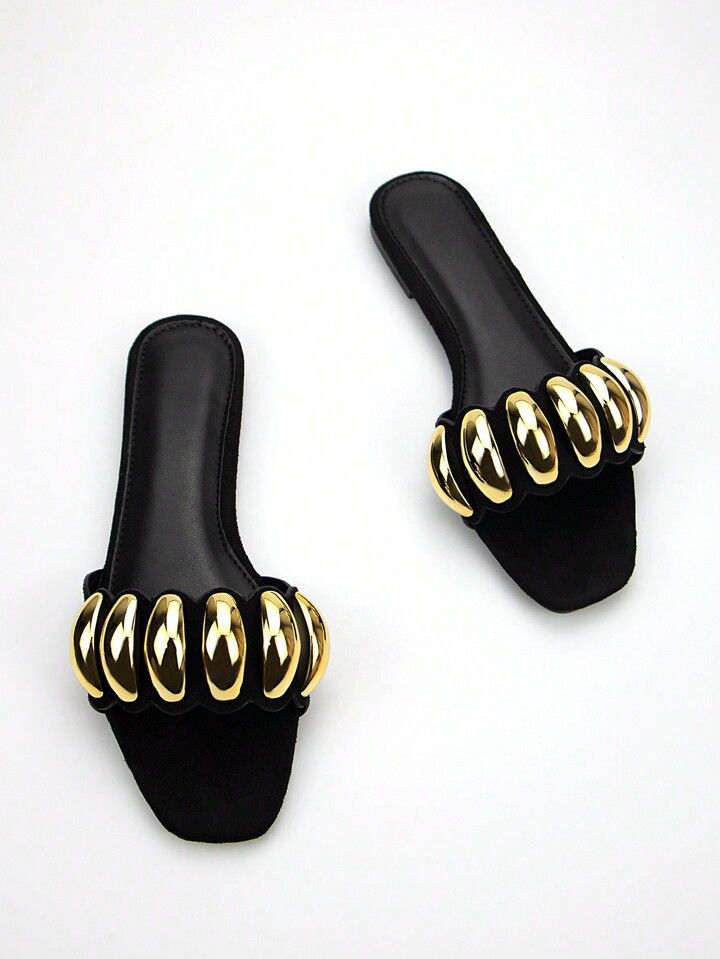 Women Fashionable Black Suede Mule Sandals With Gold-Toned Hardware Buckle Decor, Comfortable And... | SHEIN