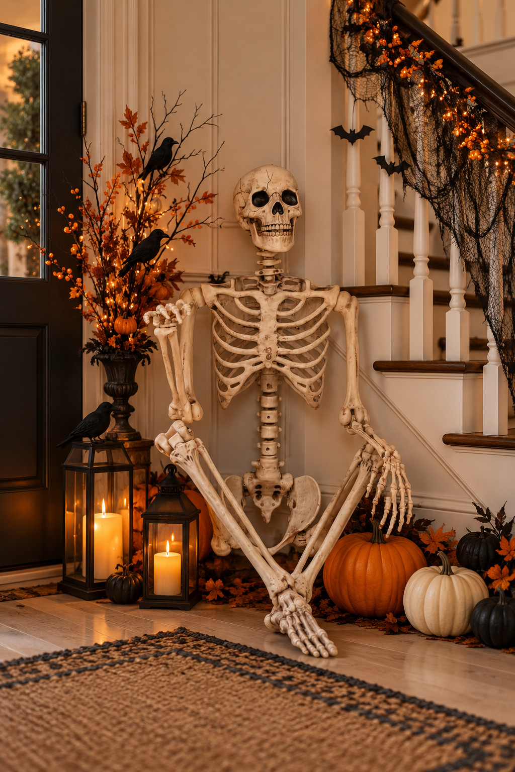 Okay but the Pose-N-Stay Halloween Skeleton might be one of my favorite Halloween finds 😂 Put him by the stairs, near the front door, or sitting in a porch chair with a few pumpkins around him and the whole setup instantly feels fun. Add lanterns and a little black decor and you’re basically done. #SkeletonDecor #HalloweenDecor #BirchLane #HalloweenHomeDecor #HalloweenEntryway #HalloweenPorchIdeas #SpookyDecor #FallDecor #HalloweenDecorations #Halloween2026 

 #LTKSeasonal #LTKHome #LTKSaleAlert