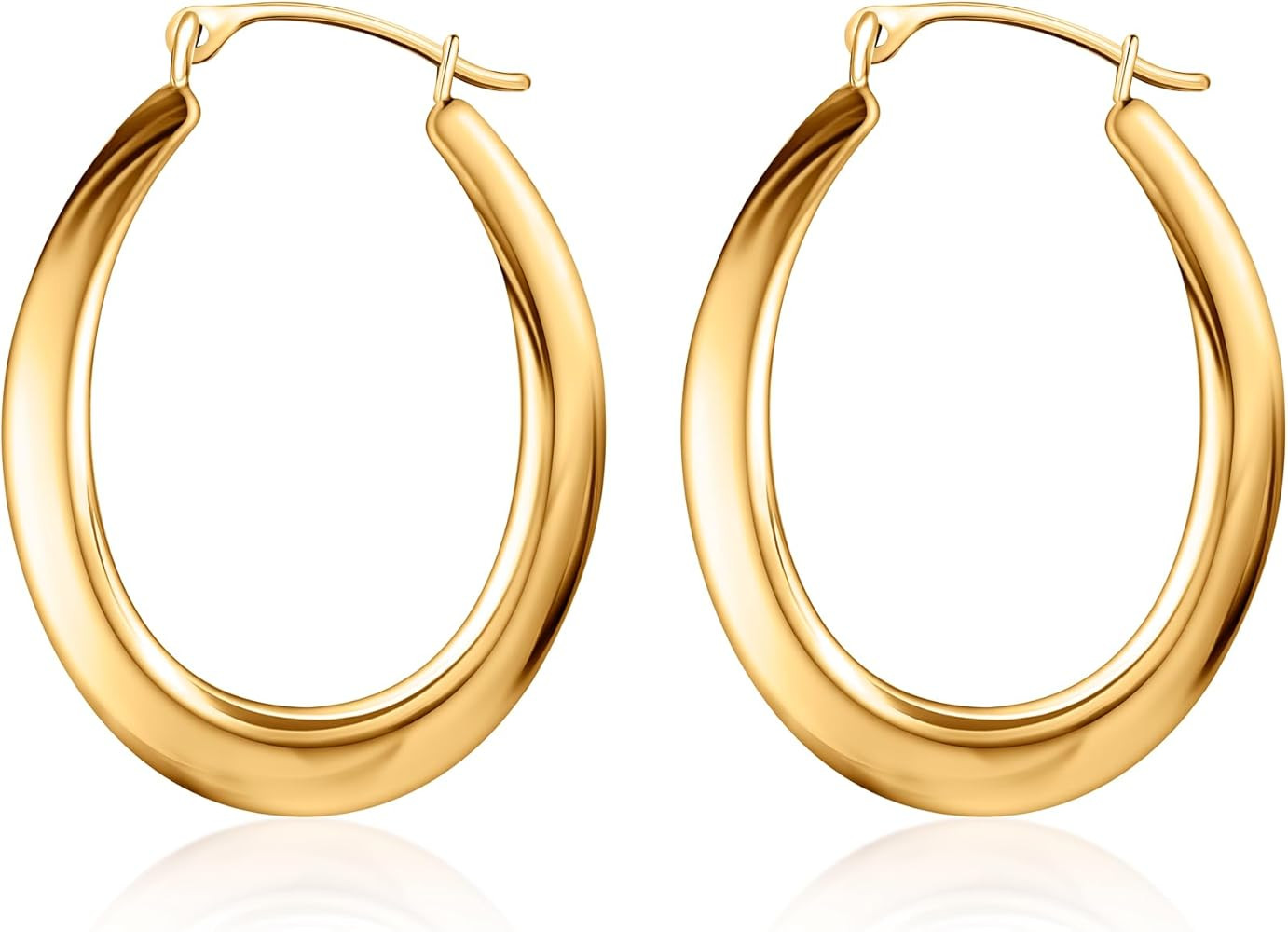 14K Solid Gold Large High Polished Oval Hoop Earrings - Cute Trendy Earrings For Everyday Comfort... | Amazon (US)