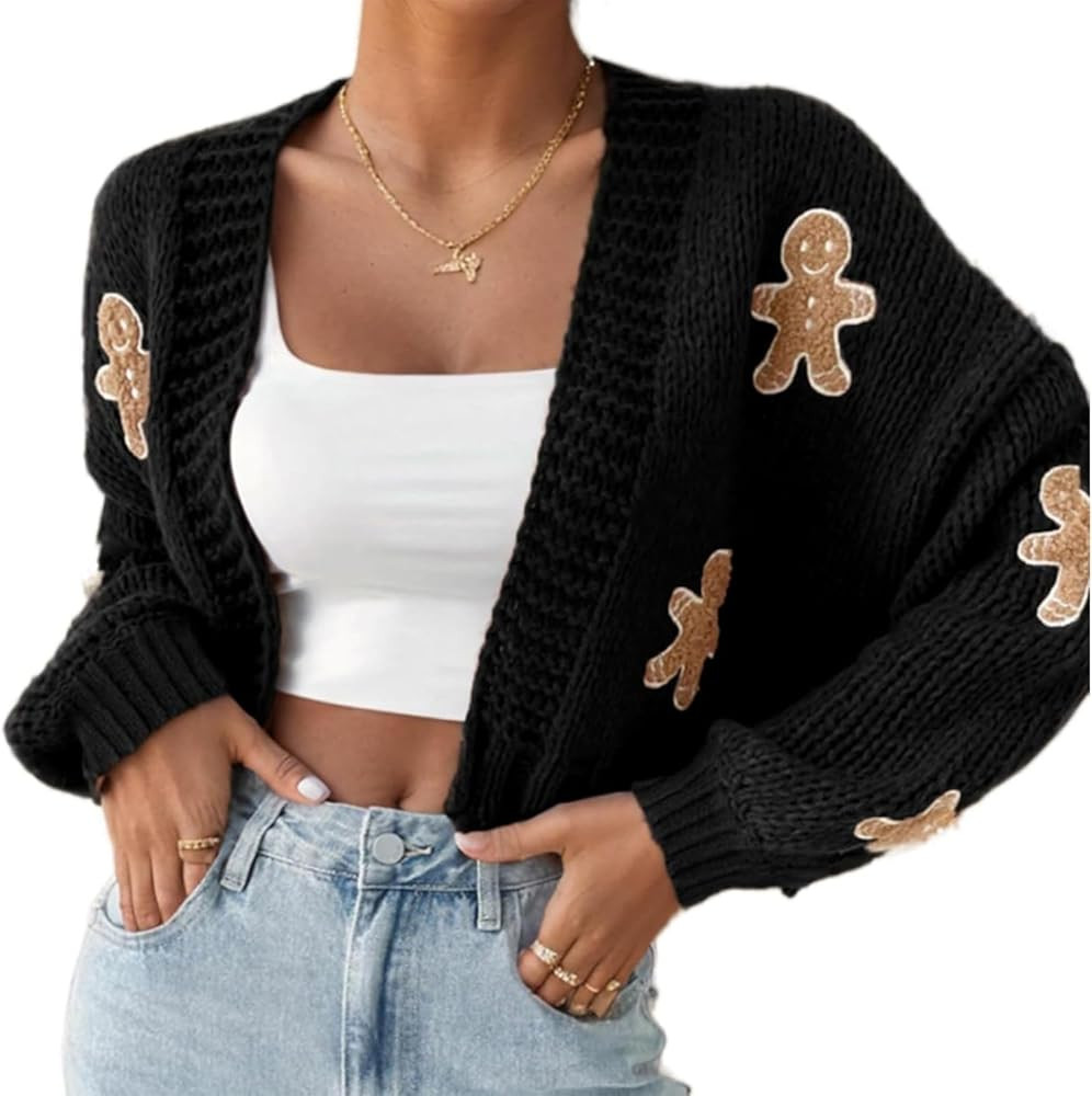 Women's Cartoon Print Drop Shoulder Cardigan, Gingerbread Sweater for Women, Gingerbread Cardigan | Amazon (US)