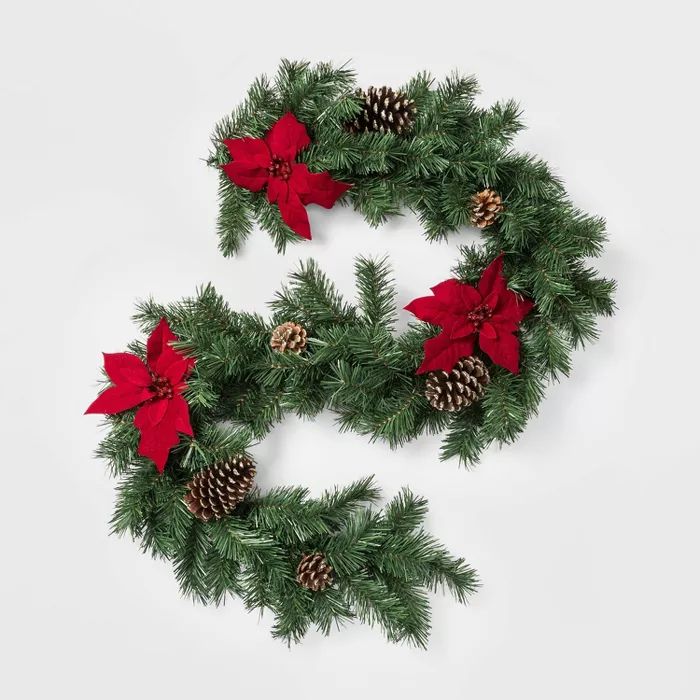 6ft Christmas Red Poinsettia &#38; Ornaments Artificial Pine Garland - Wondershop&#8482; | Target