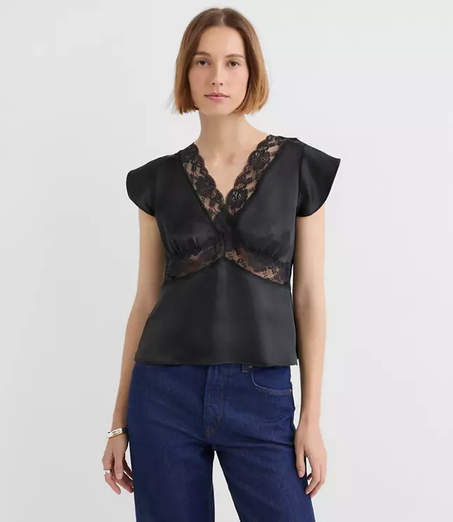 Petite Floral Lace Satin V-Neck Top | LOFT