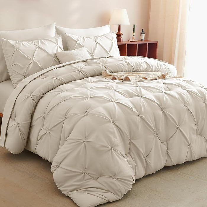 CozyLux King Size Comforter Set Beige, 7 Pieces Bed in A Bag Beige Comforter King Size, Pinch Ple... | Amazon (US)