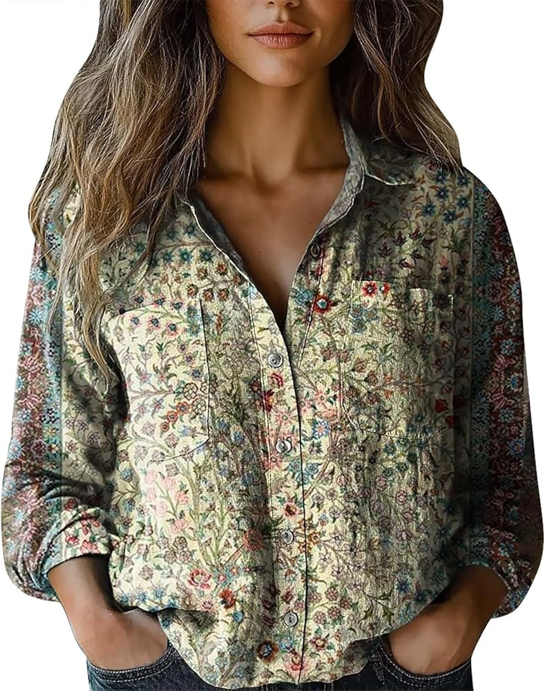 Vintage Boho Tops for Women 2025 Floral Print Shirt Casual Long Sleeve Button Up Blouses Long Sle... | Amazon (US)