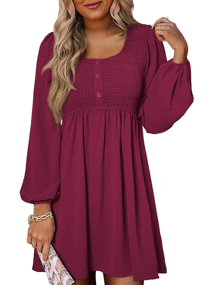 BLENCOT Womens Casual Dresses 2025 Long Sleeve Smocked Button Down Empire Waist A-Line Swing Mini... | Amazon (US)