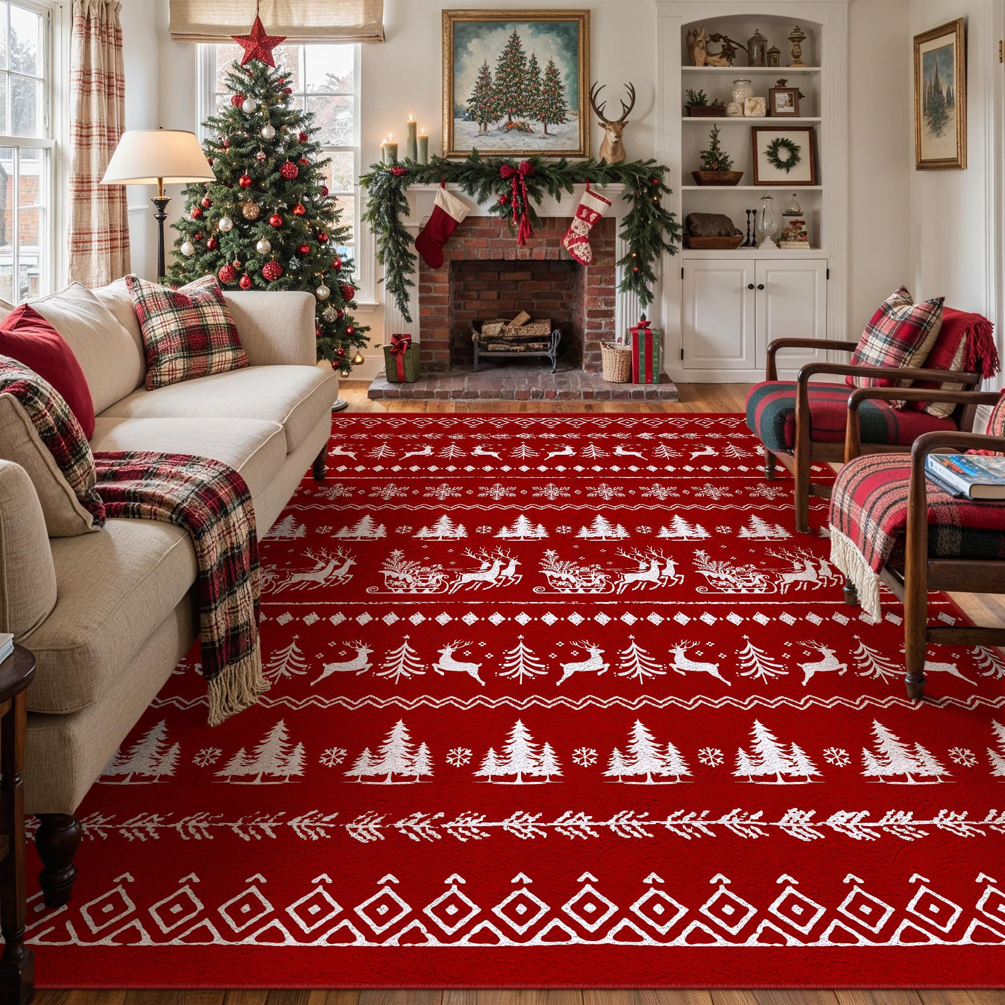 8x10 Christmas Area Rug Red Washable Living Room Carpet Xmas Elk Holiday Decor Indoor Bedroom Thr... | Amazon (US)