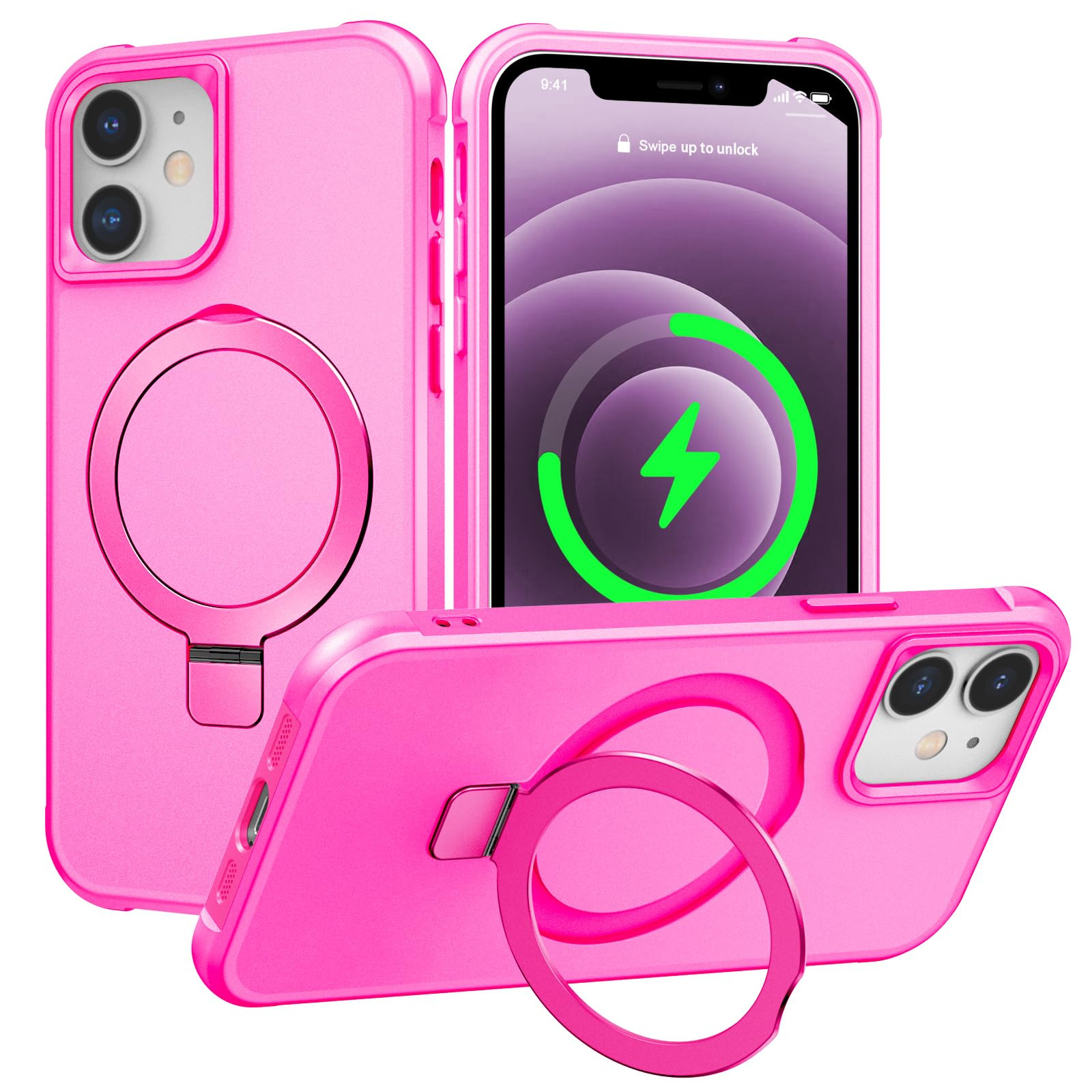 Magnetic Compatible for iPhone 12 & iPhone 12 Pro Case with Stand [Military Grade Drop Tested][Compatible with Magnet] Ring Sleek Slim Hard Back Soft Edge, Rose Red | Amazon (US)