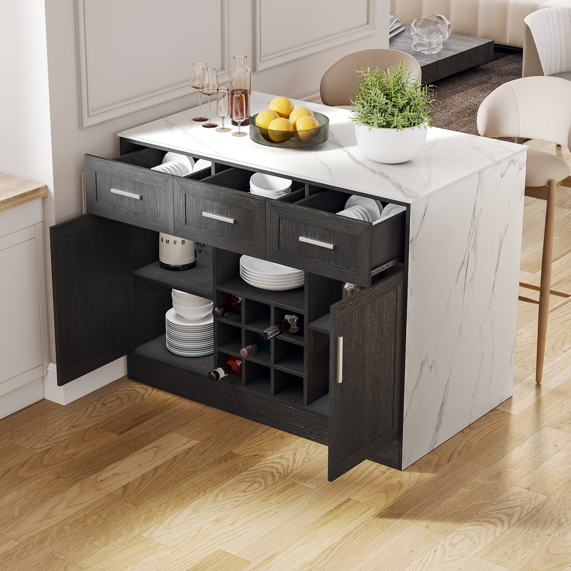 Hernest | 47 Inch Modern Black and White Wooden Kitchen Island with Marble Top and Wine Rack Stor... | Hernest