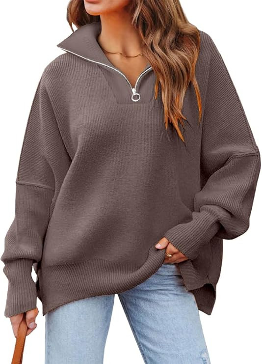 LILLUSORY Women's Oversized Sweaters 2023 Fall Zipper Collared Drop Shoulder Tunic Pullover Split... | Amazon (US)