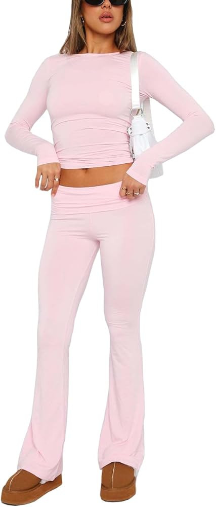 GRMLRPT Women 2 Piece Lounge Sets Fold-Over Flare Leggings Pants Matching Slim Fit Long Sleeve Cr... | Amazon (CA)