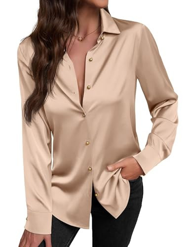 Brown Silk Long Sleeve Womens Blouse Women's Top Brown Satin Button Down Shirt Solid Business Tops Elegant V Neck Evening Look Women's Satin Shirts for Breathable Prom Night Wear Tops Brown S | Amazon (US)