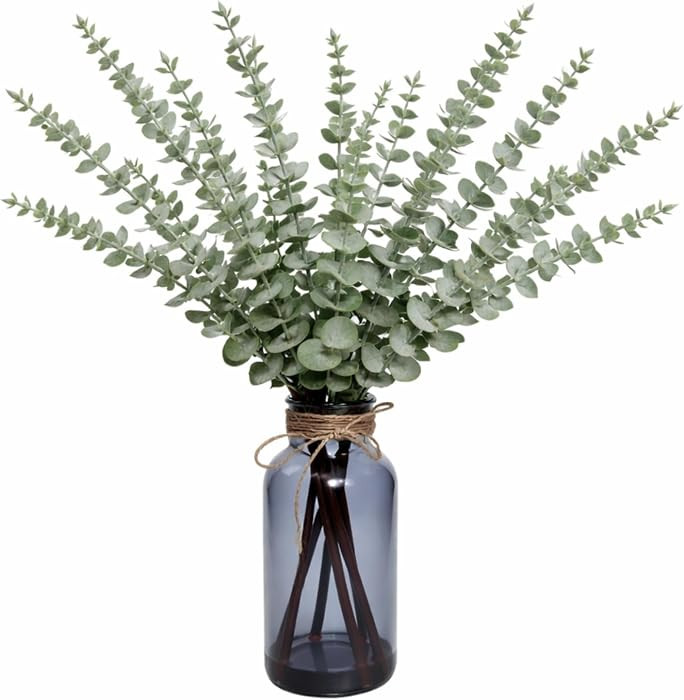 SwanMoon 17.5" Realistic Artificial Eucalyptus Stems in Black Glass Vase with Faux Water, Fake Pl... | Amazon (US)