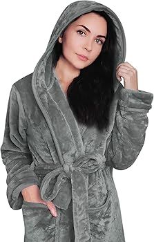 Women Fleece Hooded Bathrobe - Plush Long Robe | Amazon (US)