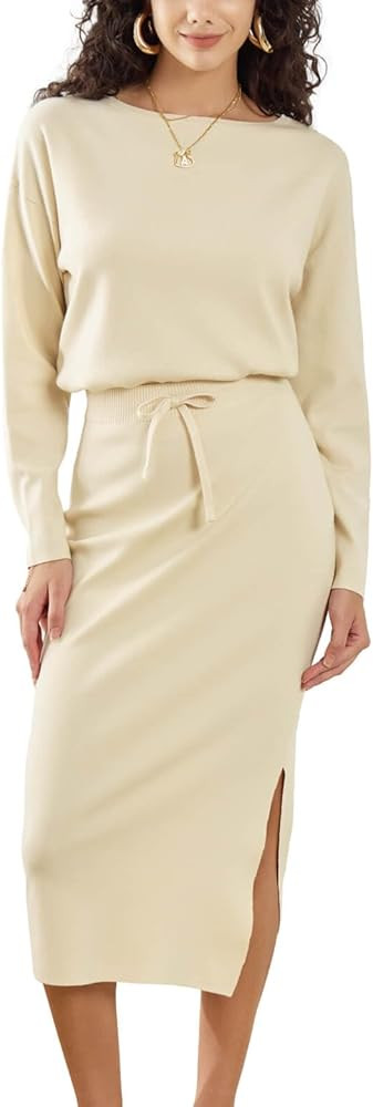 Women's Boatneck Knit Long Sleeve Top with Split Bodycon Skirt Set, 2 Piece Outfits | Amazon (US)