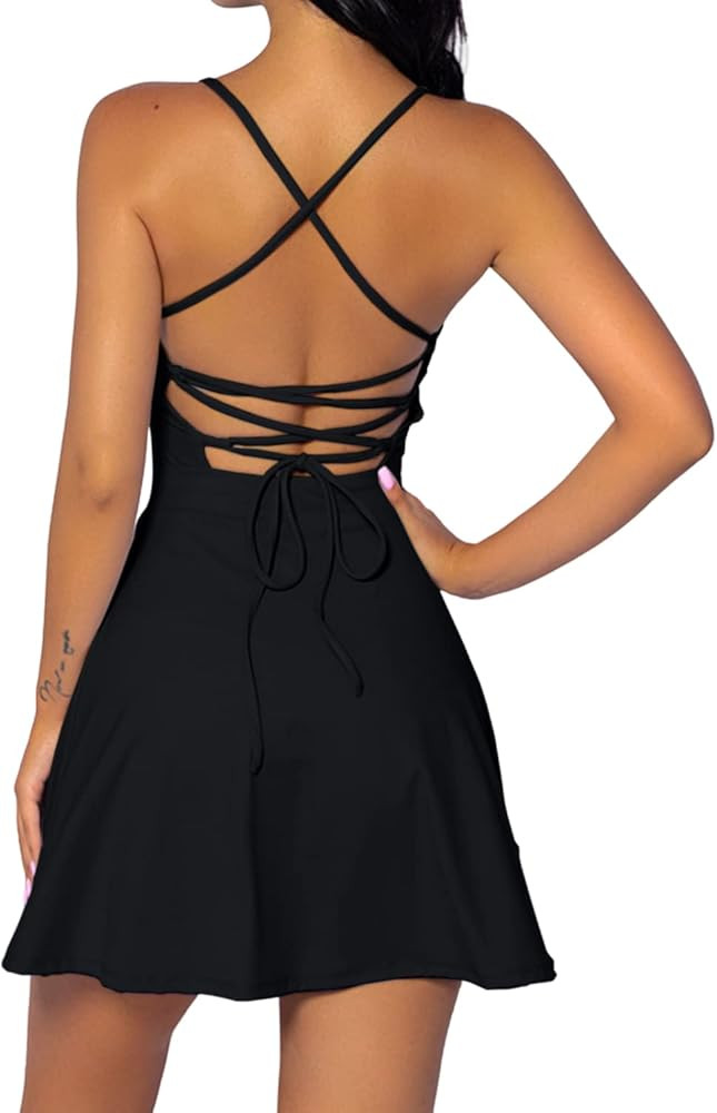 QINSEN Womens Two Pieces Tennis Dress with Shorts Workout Open Back Active Golf Dresses | Amazon (US)