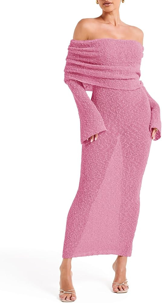 Saodimallsu Womens Off Shoulder Summer Maxi Dress Bell Long Sleeve Sexy Bodycon Strapless Sheer B... | Amazon (US)