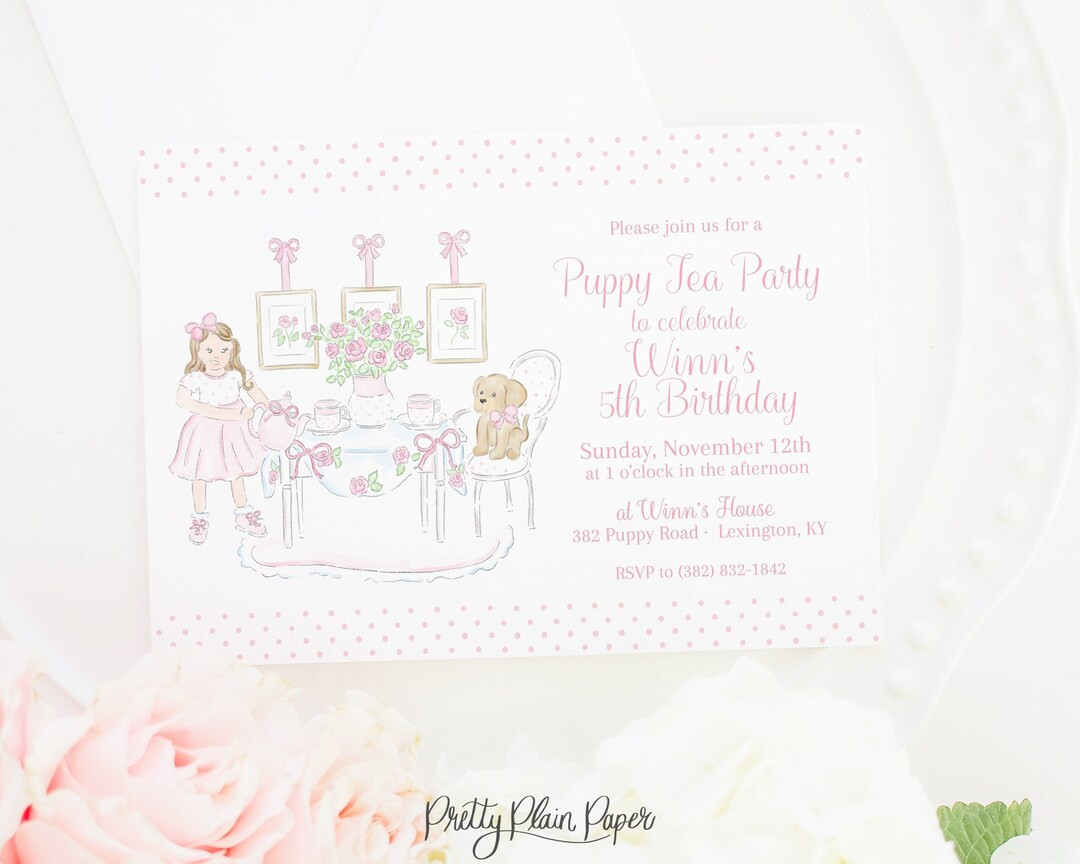 Invitation Puppy Tea Party 5x7 Printable Watercolor Puppy Tea Party Birthday Invite Pink Puppy Pa... | Etsy (US)