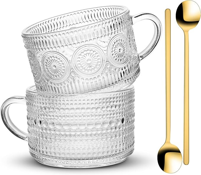 Vintage Coffee Mugs Set of 2, 14 oz Handle Glass Coffee Cups Gift for Cappuccino, Latte, Coffee B... | Amazon (US)