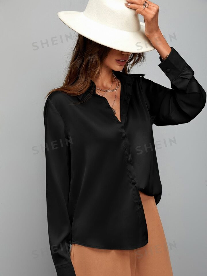 SHEIN Clasi Satin Solid Button Up Shirt | SHEIN