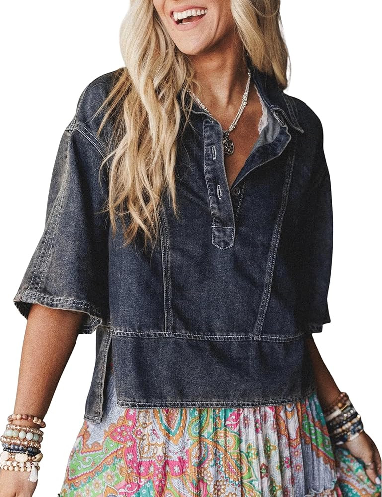 Omoone Denim Top for Women Oversized Cropped 3/4 Sleeve Boho Casual Collared Denim Jean Blouses S... | Amazon (US)