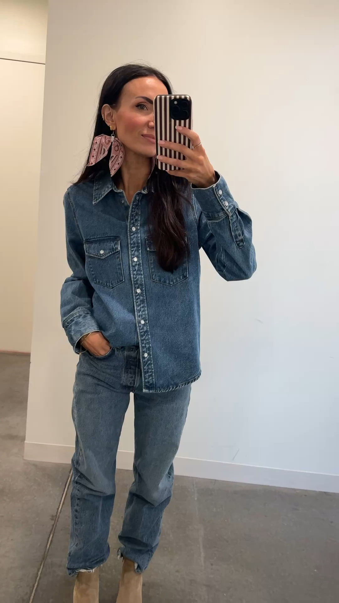 Denim on denim plus boots and big earrings. New bandana earrings come in 5 colors. Super lightweight and under $40. 