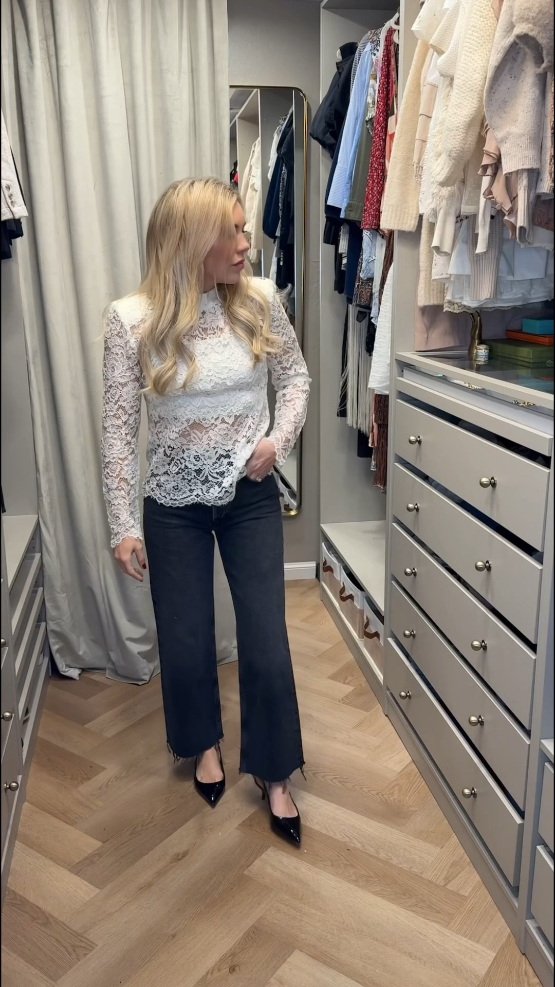 Lace top
Black jeans 
Wide leg cropped jeans 
Kitten heel 

#LTKSeasonal #LTKgrwm #LTKootd