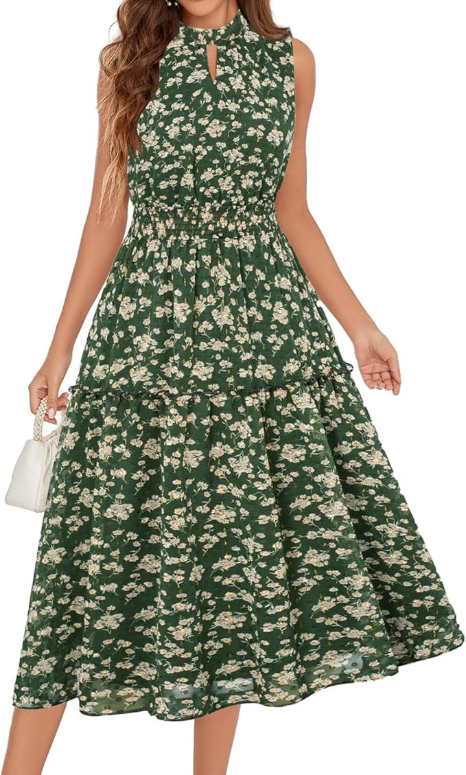 JASAMBAC Women's 2023 Floral Wedding Guest Midi Elegant Formal Sleeveless High Neck Halter Ruffle... | Amazon (US)